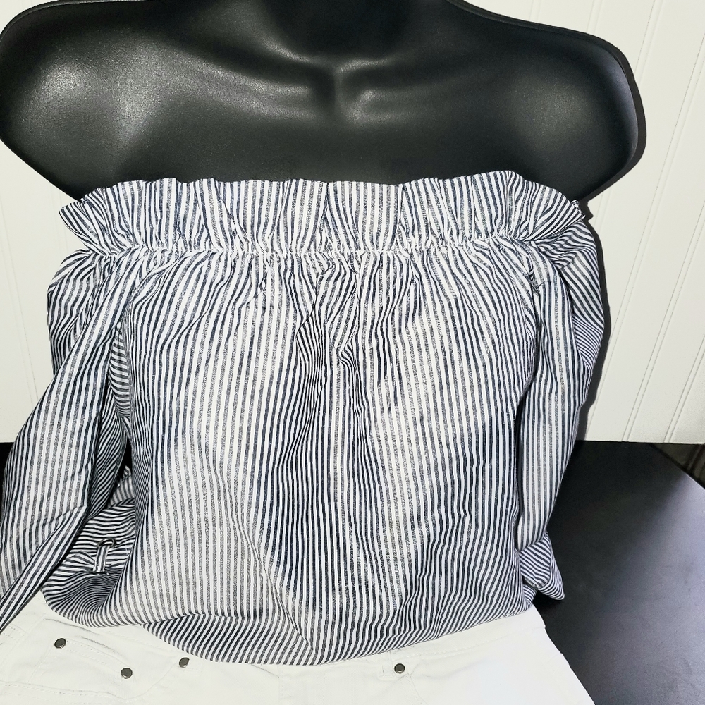 Blue and White Striped Off the Shoulder Tunic
